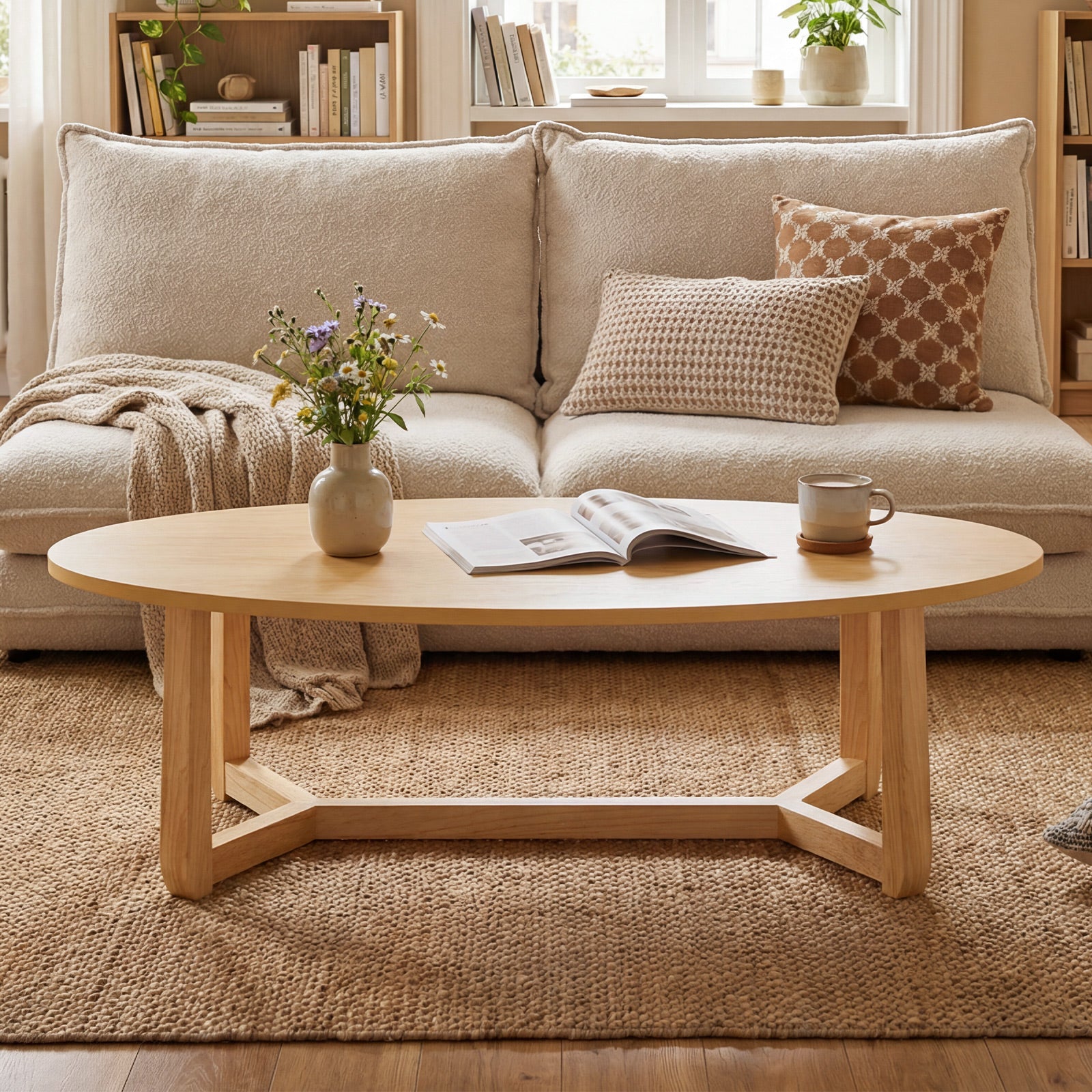 Oval Coffee Table 46 Inches, Natural Wooden Accent Table Coffee Tables at Gallery Canada