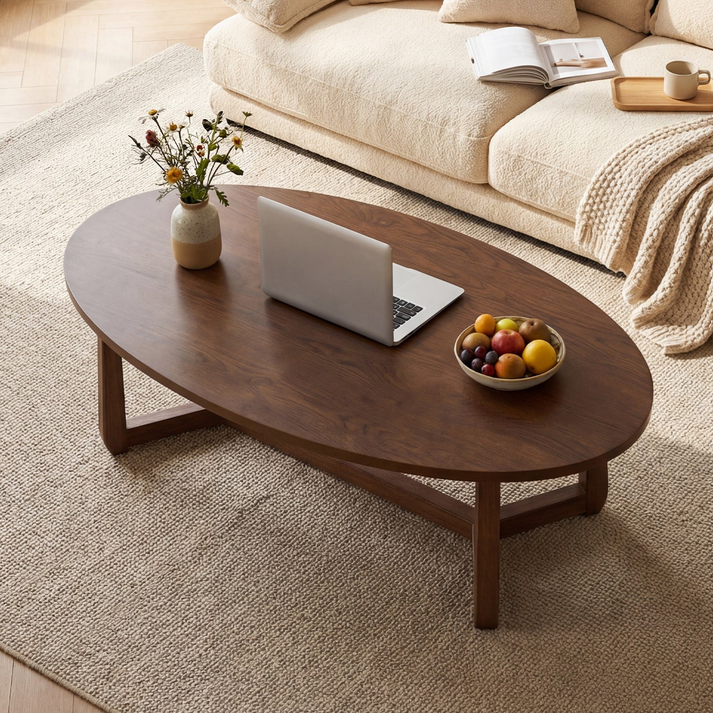 Wooden Oval Coffee Table, 46 Inches, Thickened Top, Walnut Coffee Tables at Gallery Canada
