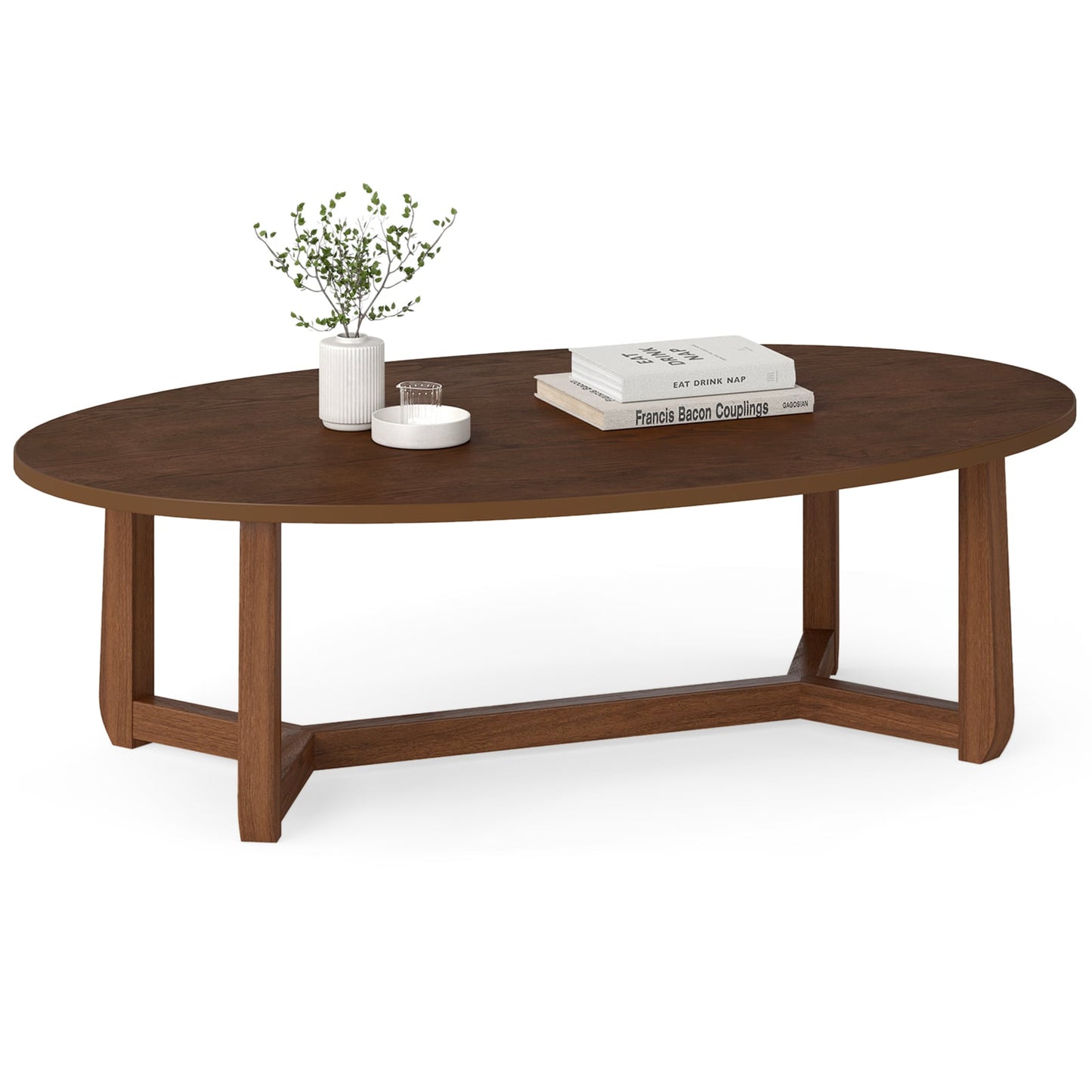 Wooden Oval Coffee Table, 46 Inches, Thickened Top, Walnut Coffee Tables Walnut at Gallery Canada