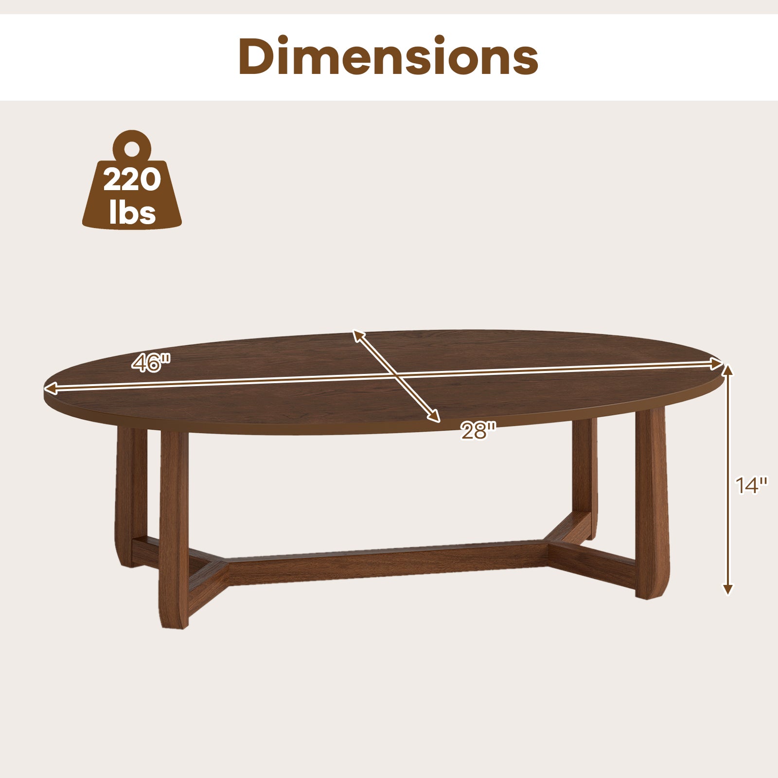 Wooden Oval Coffee Table, 46 Inches, Thickened Top, Walnut Coffee Tables at Gallery Canada
