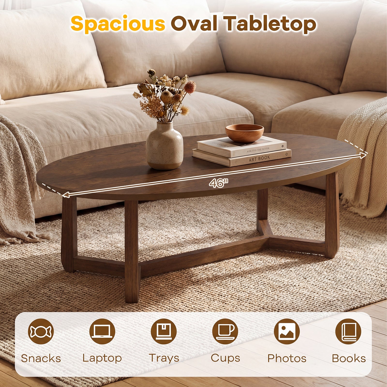 Wooden Oval Coffee Table, 46 Inches, Thickened Top, Walnut Coffee Tables at Gallery Canada