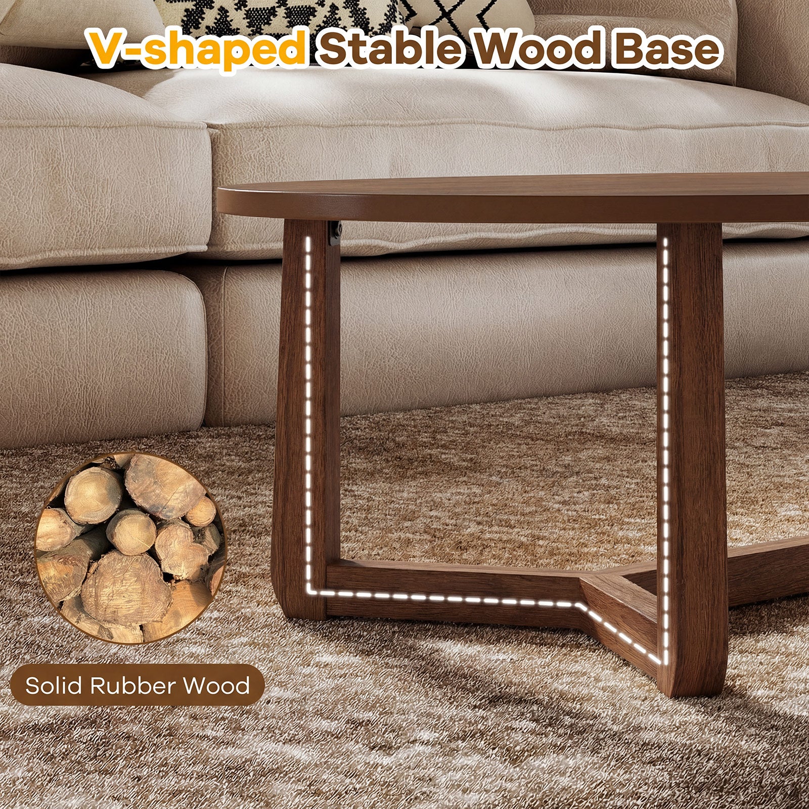 Wooden Oval Coffee Table, 46 Inches, Thickened Top, Walnut Coffee Tables at Gallery Canada