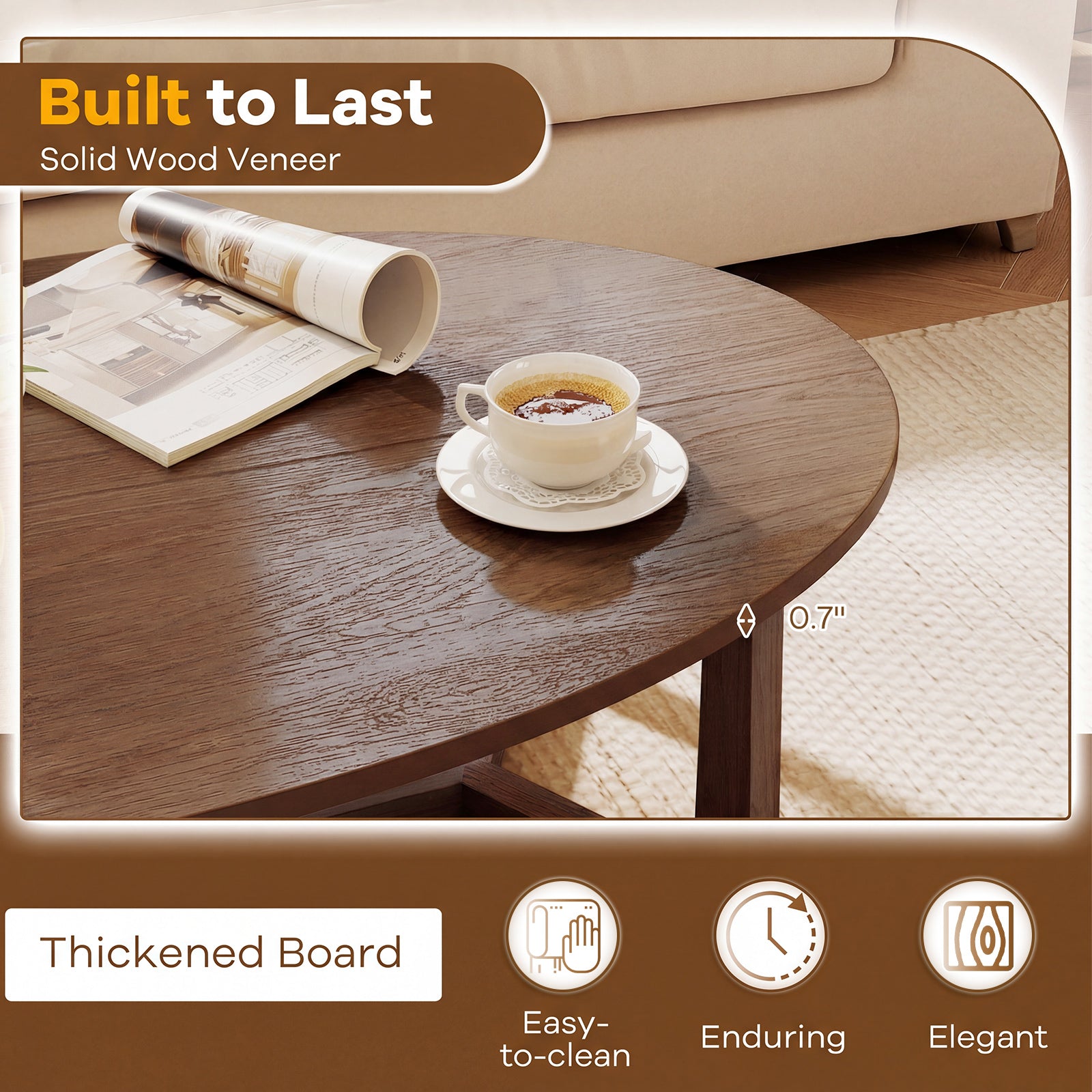 Wooden Oval Coffee Table, 46 Inches, Thickened Top, Walnut Coffee Tables at Gallery Canada