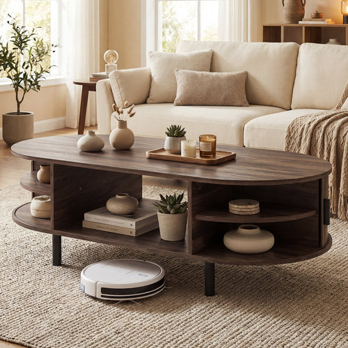 Oval Coffee Table, 47.5inch, Wooden Center Table With Storage, Walnut