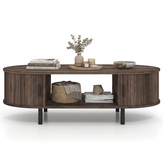 Oval Coffee Table, 47.5inch, Wooden Center Table With Storage, Walnut Coffee Tables Walnut at Gallery Canada
