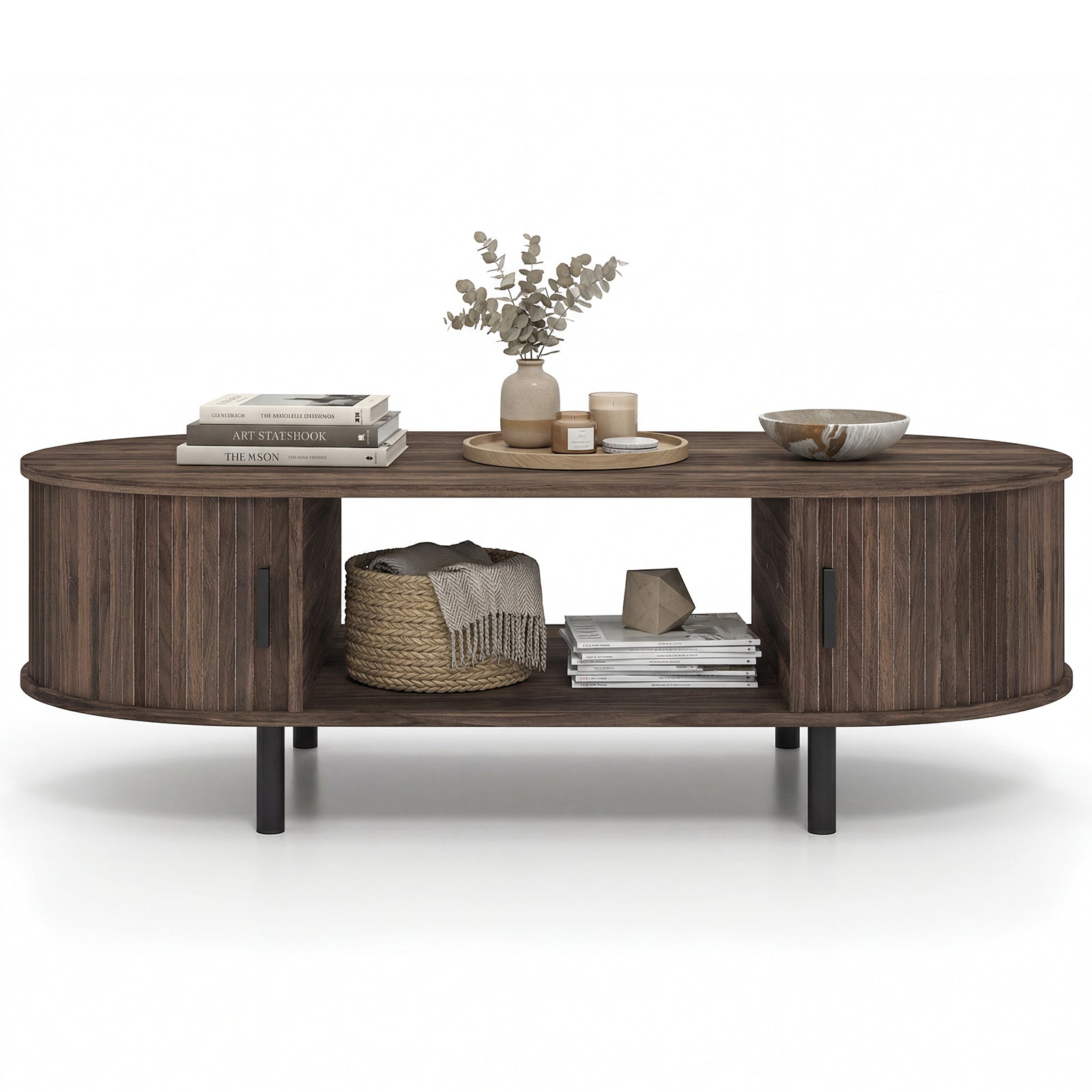 Oval Coffee Table, 47.5inch, Wooden Center Table With Storage, Walnut Coffee Tables at Gallery Canada