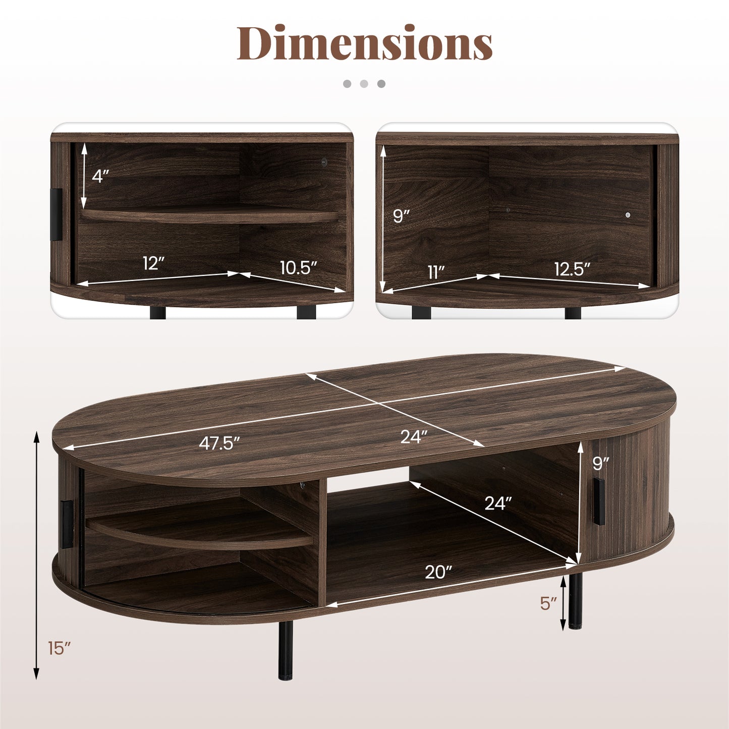 Oval Coffee Table, 47.5inch, Wooden Center Table With Storage, Walnut Coffee Tables at Gallery Canada