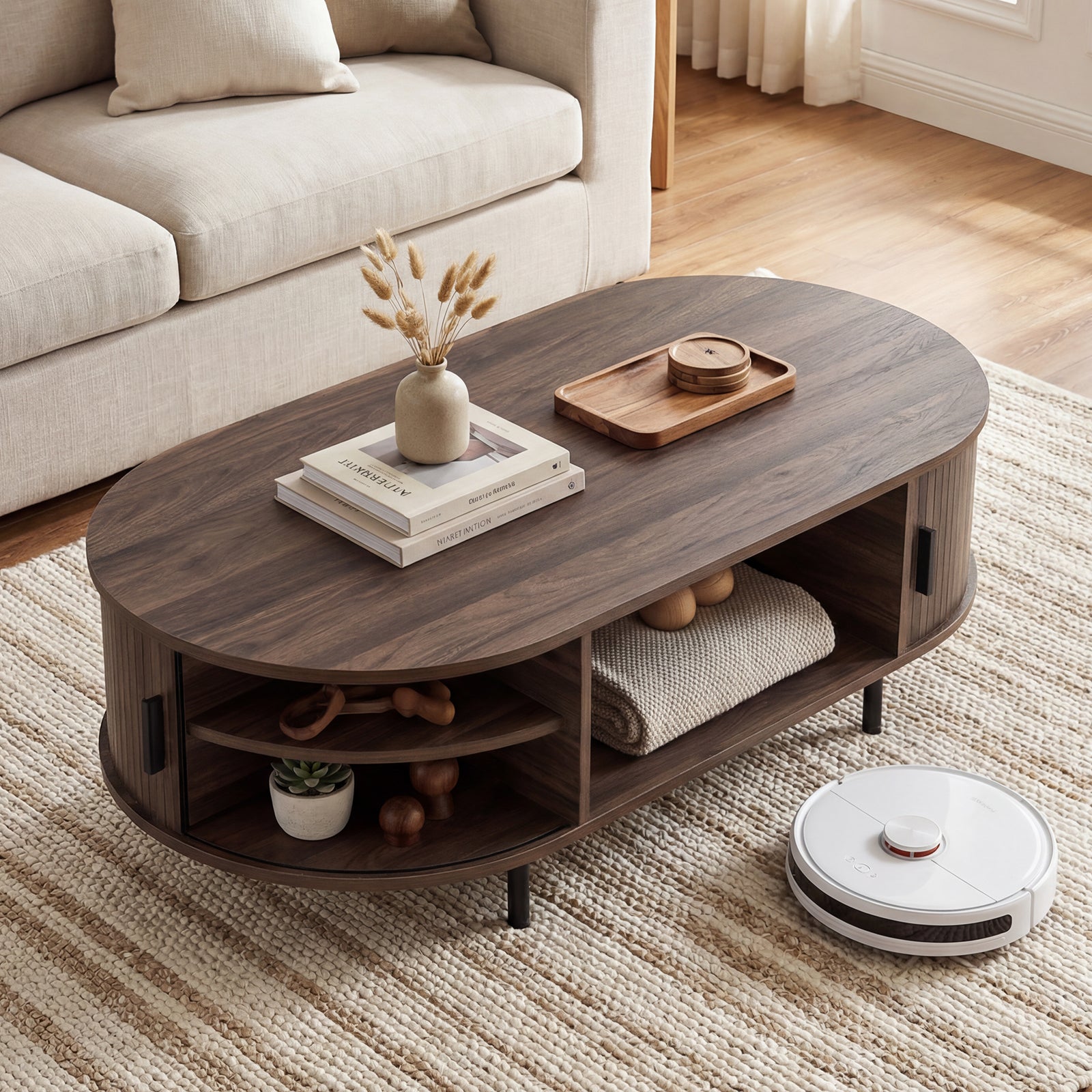 Oval Coffee Table, 47.5inch, Wooden Center Table With Storage, Walnut Coffee Tables at Gallery Canada