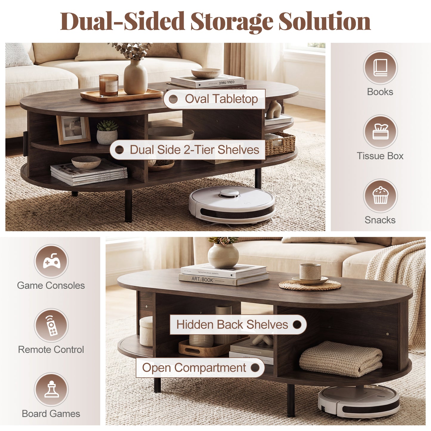 Oval Coffee Table, 47.5inch, Wooden Center Table With Storage, Walnut Coffee Tables at Gallery Canada