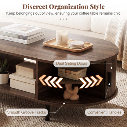 Oval Coffee Table, 47.5inch, Wooden Center Table With Storage, Walnut Coffee Tables at Gallery Canada