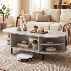 Oval Coffee Table, 47.5inch, Wooden Center Table With Storage, Oak