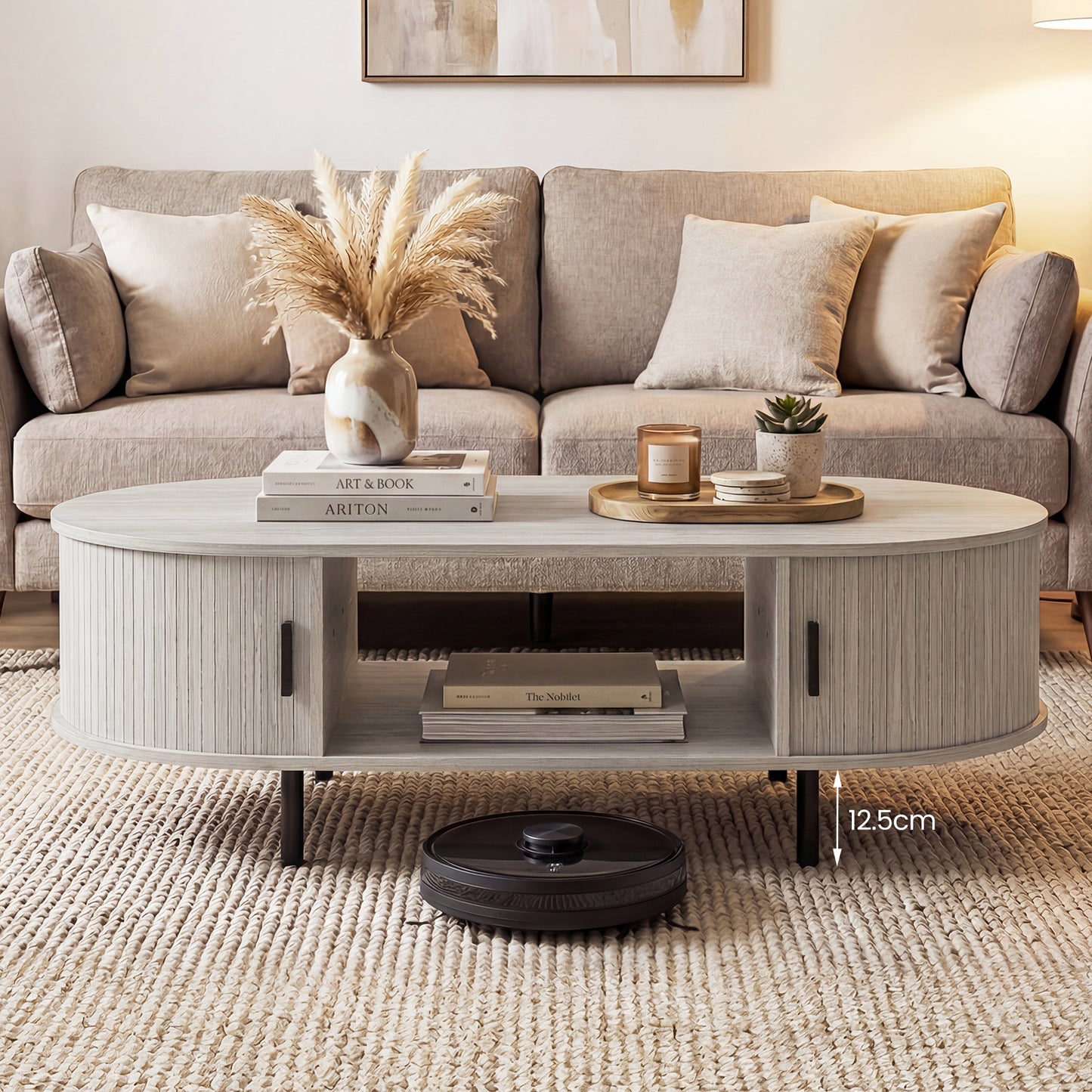 Oval Coffee Table, 47.5inch, Wooden Center Table With Storage, Oak