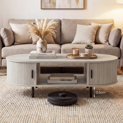 Oval Coffee Table, 47.5inch, Wooden Center Table With Storage, Oak