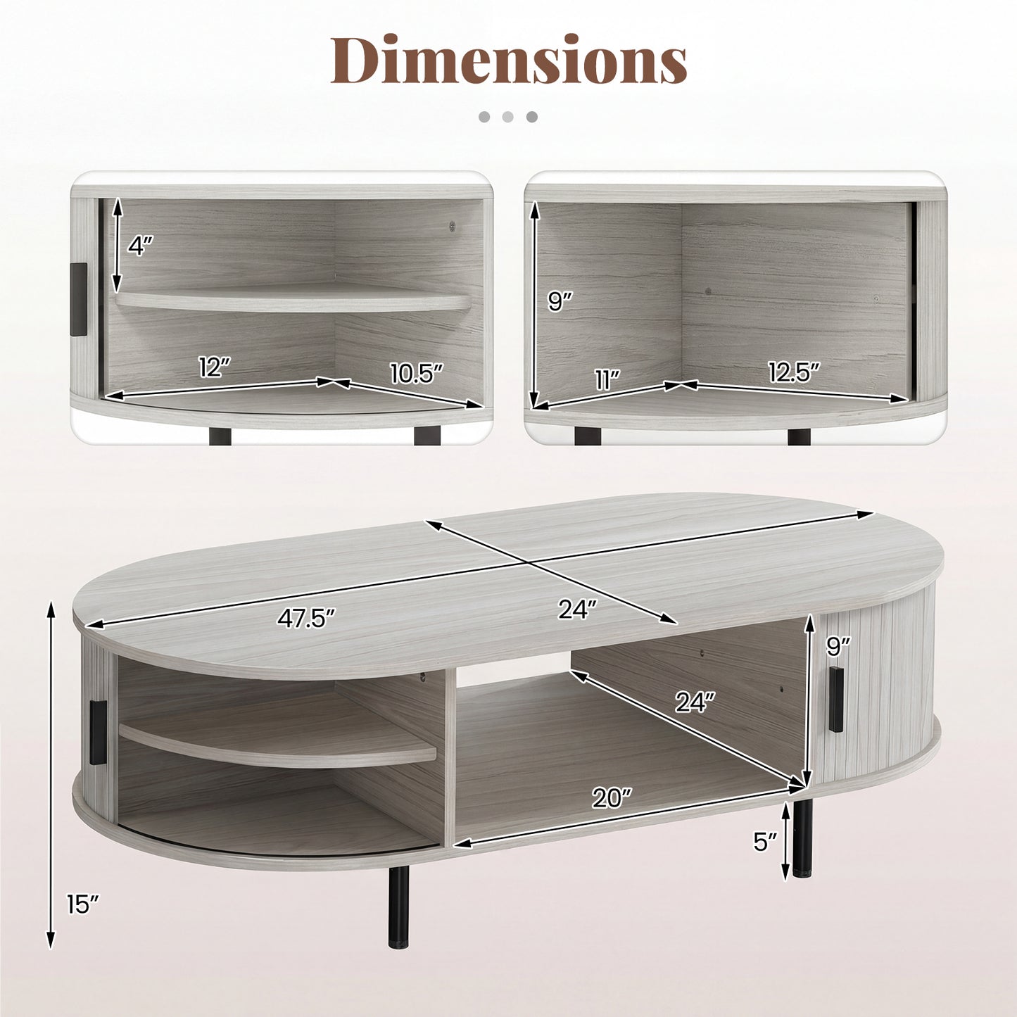 Oval Coffee Table, 47.5inch, Wooden Center Table With Storage, Oak