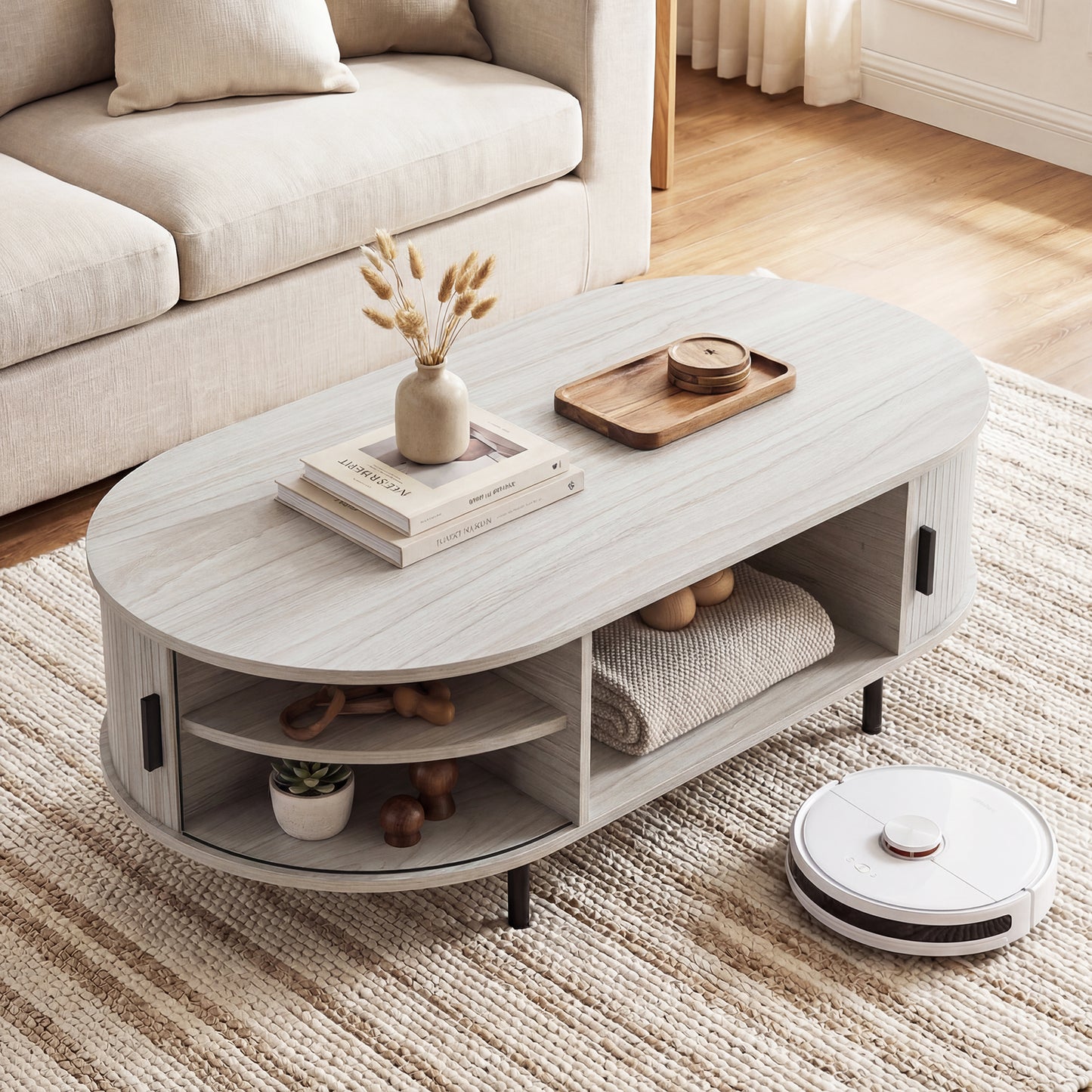 Oval Coffee Table, 47.5inch, Wooden Center Table With Storage, Oak