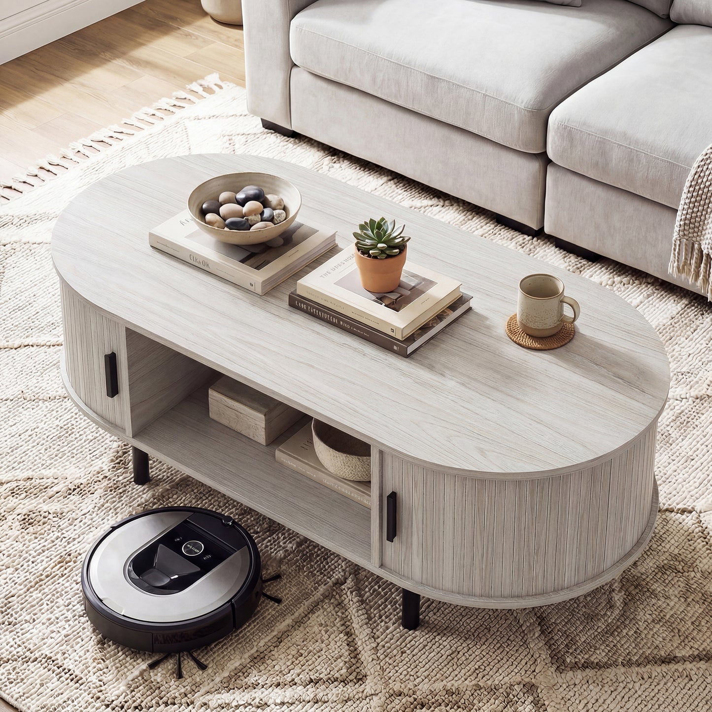 Oval Coffee Table, 47.5inch, Wooden Center Table With Storage, Oak