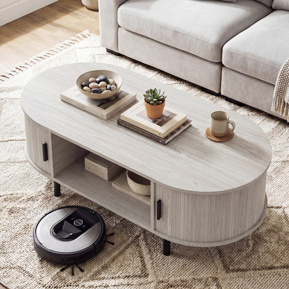 Oval Coffee Table, 47.5inch, Wooden Center Table With Storage, Oak