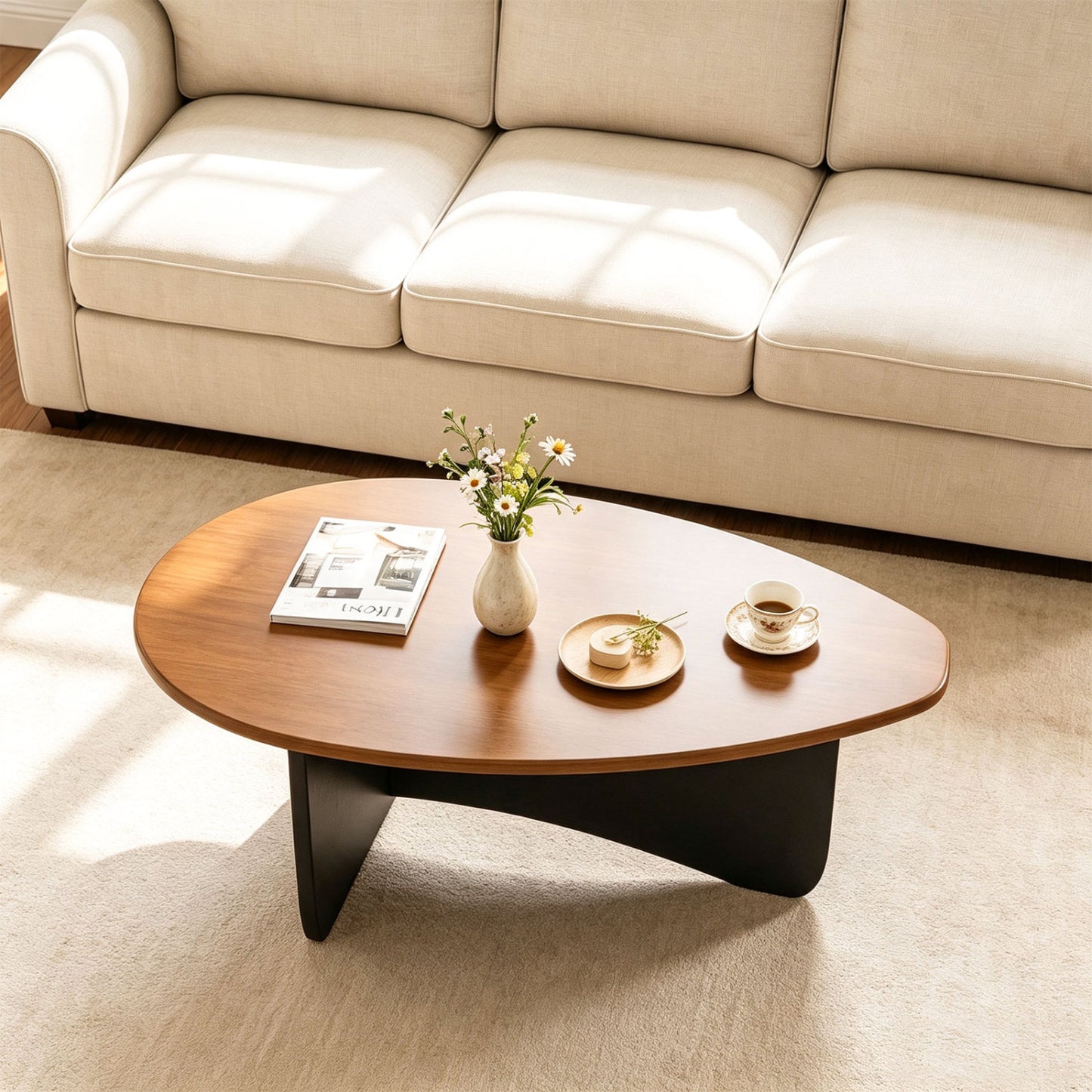 Table basse ovale, accent en bois du milieu du siècle, noyer