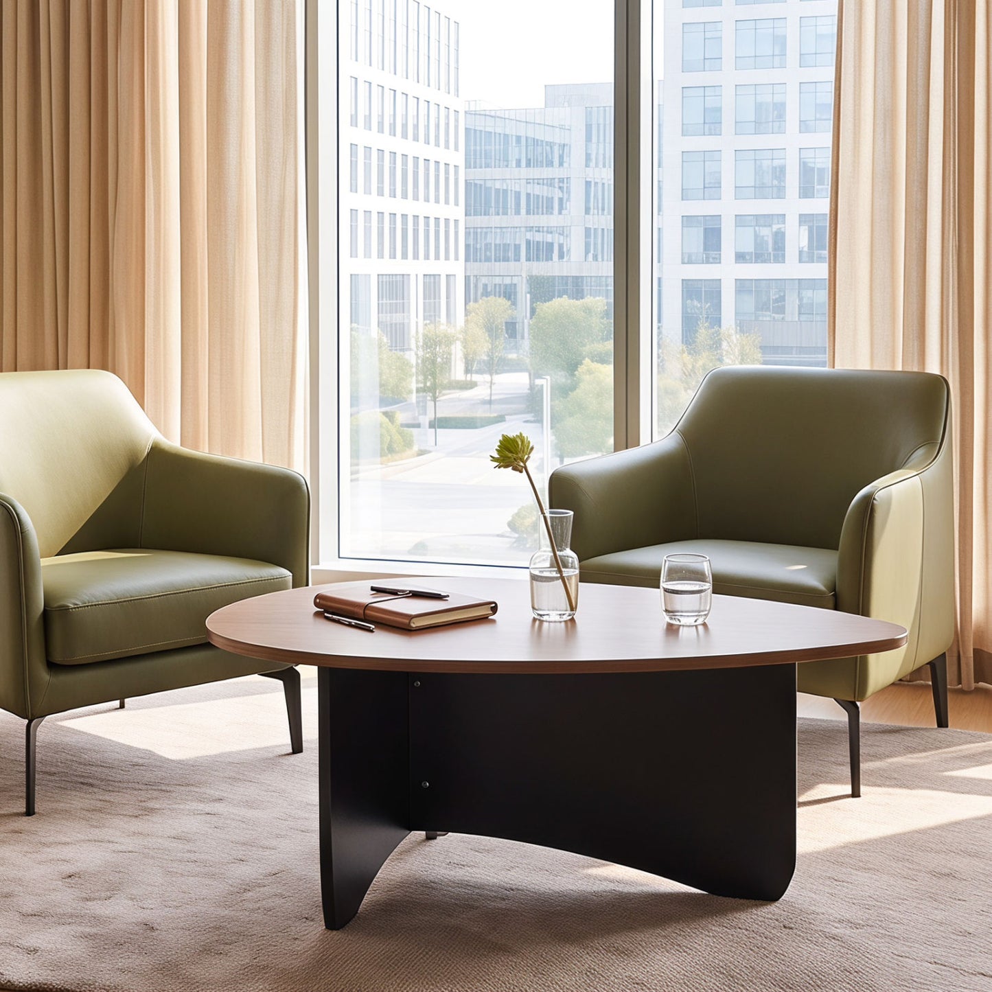 Table basse ovale, accent en bois du milieu du siècle, noyer
