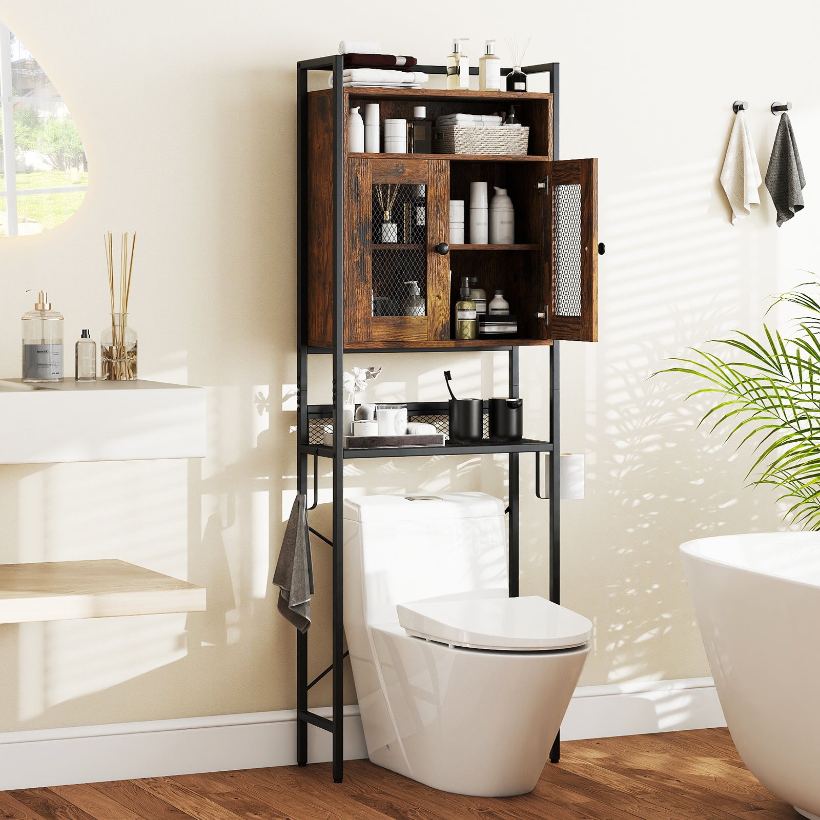 Over-The-Toilet Storage Cabinet with Heavy-Duty Metal Frame 2-door Freestanding, Rustic Brown Bathroom Etagere at Gallery Canada