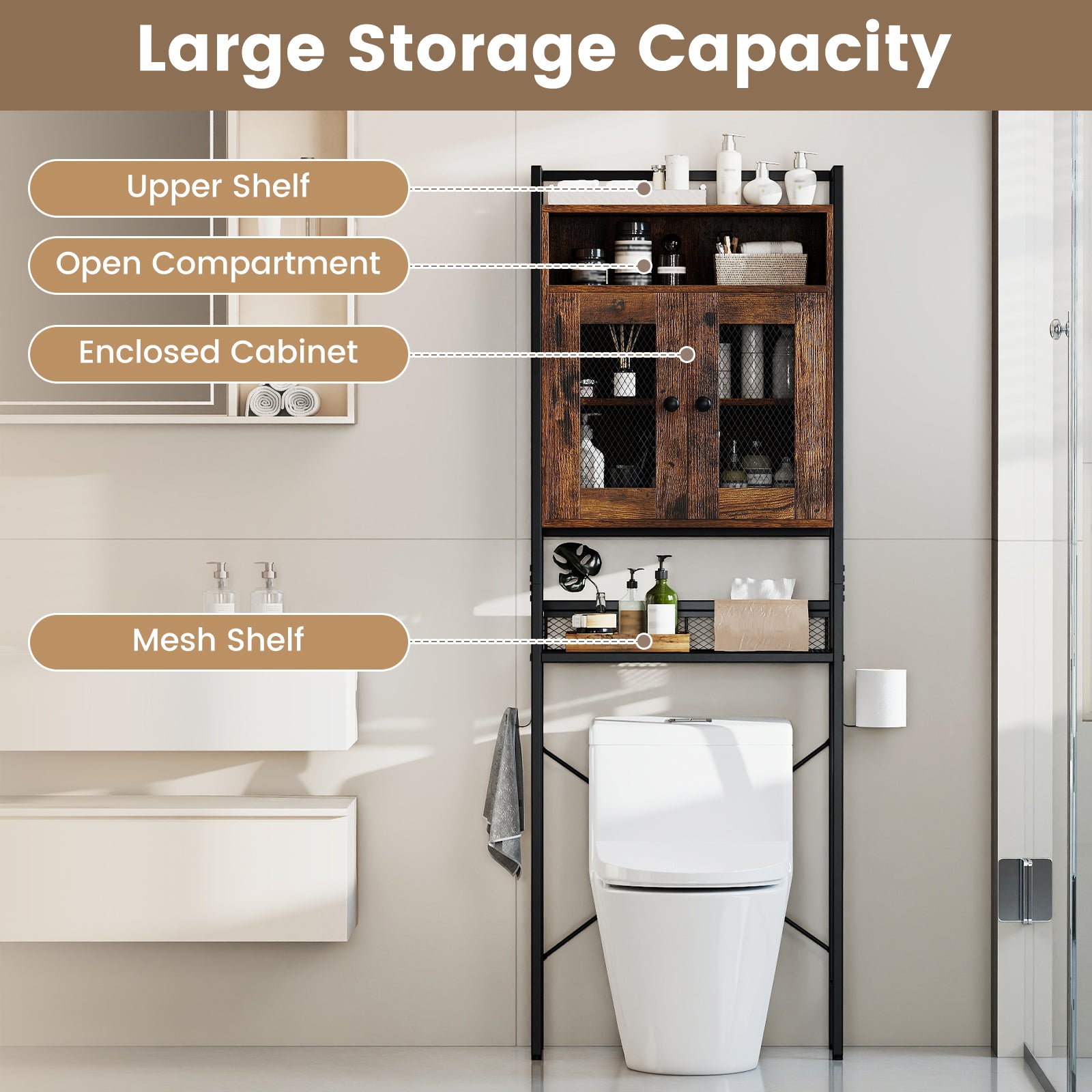 Over-The-Toilet Storage Cabinet with Heavy-Duty Metal Frame 2-door Freestanding, Rustic Brown Bathroom Etagere at Gallery Canada