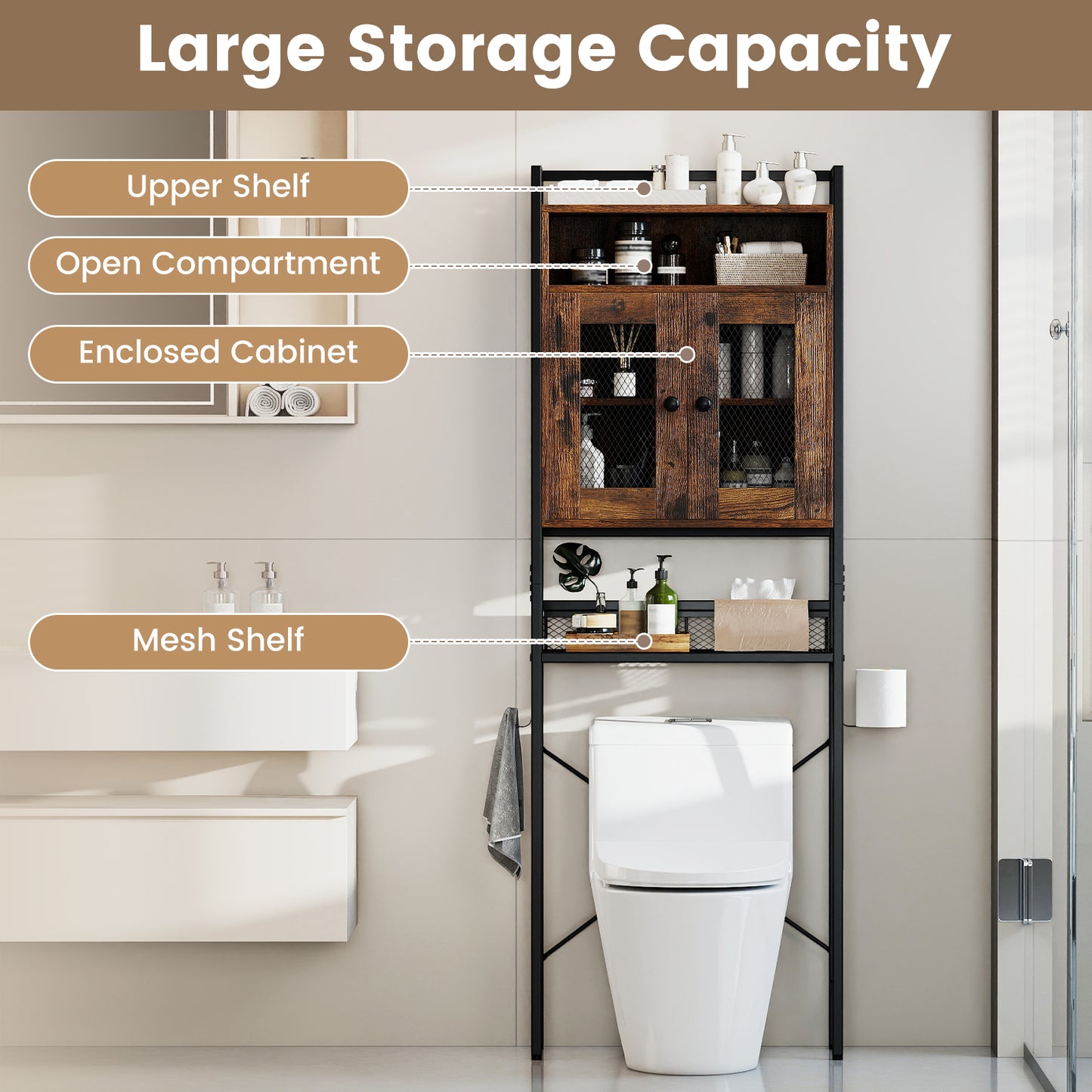 Over-The-Toilet Storage Cabinet with Heavy-Duty Metal Frame 2-door Freestanding, Rustic Brown Bathroom Etagere at Gallery Canada
