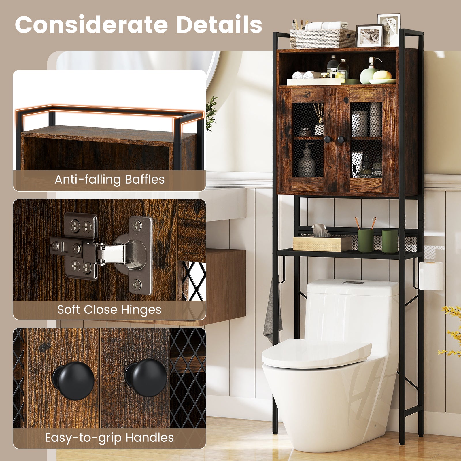 Over-The-Toilet Storage Cabinet with Heavy-Duty Metal Frame 2-door Freestanding, Rustic Brown Bathroom Etagere at Gallery Canada