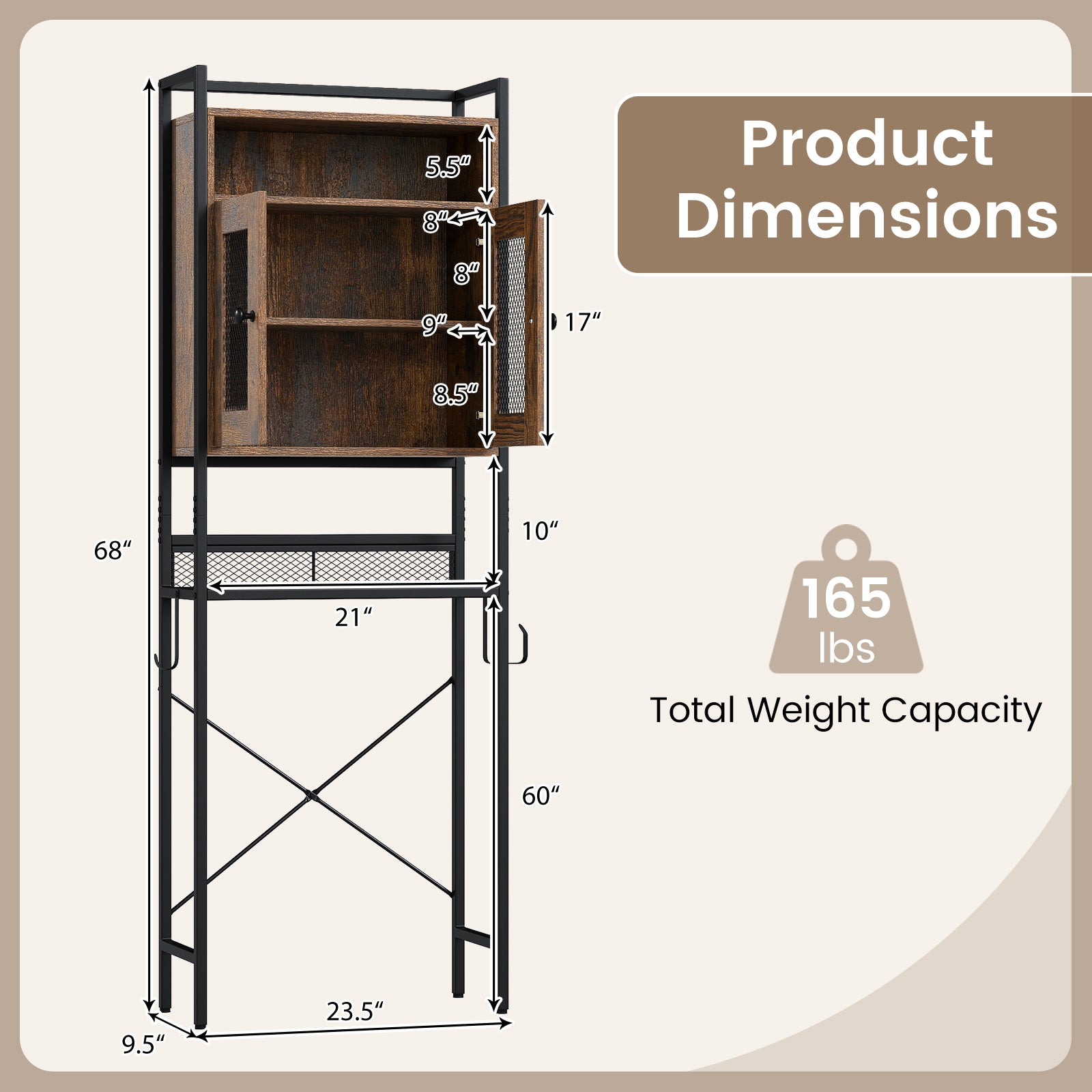 Over-The-Toilet Storage Cabinet with Heavy-Duty Metal Frame 2-door Freestanding, Rustic Brown Bathroom Etagere at Gallery Canada