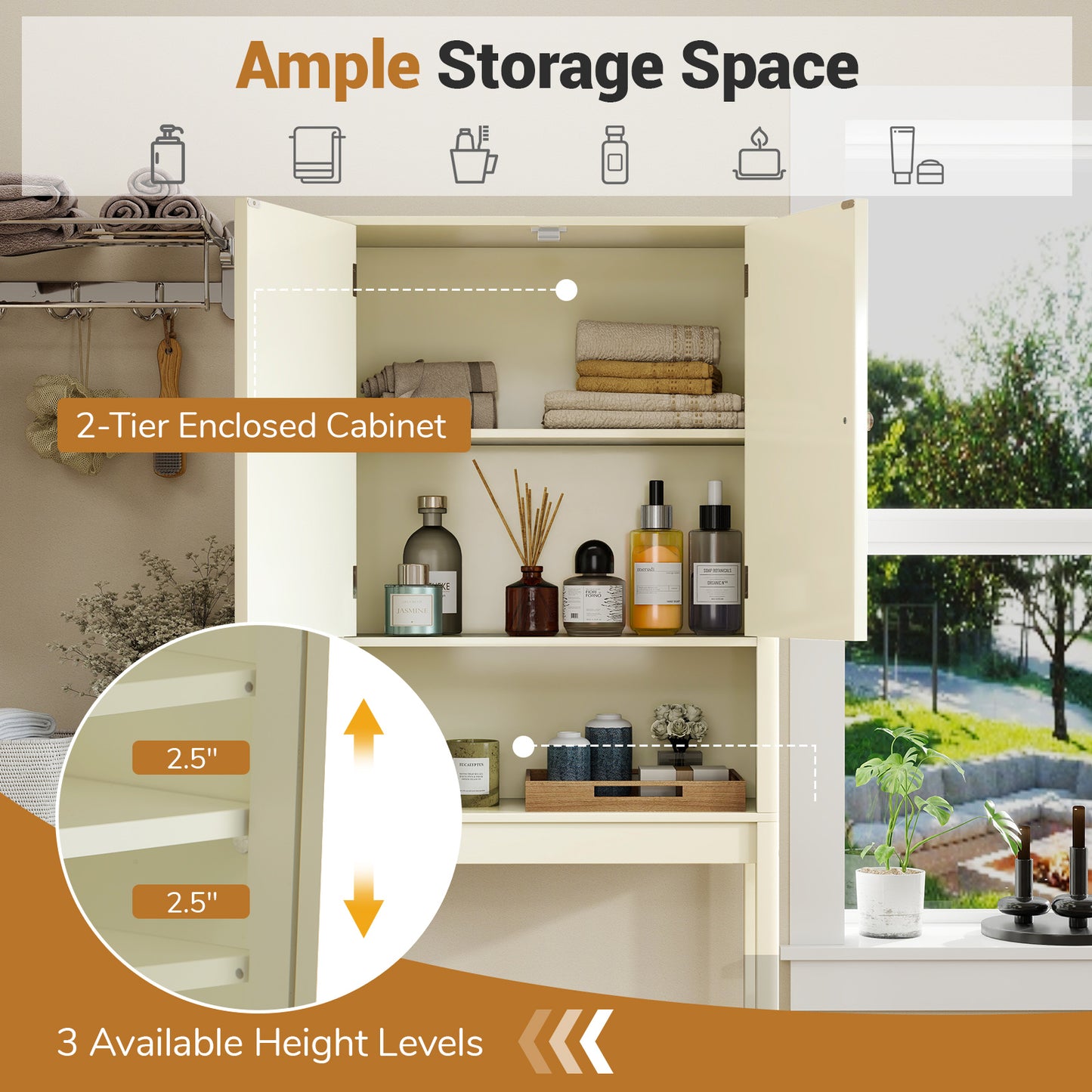 Over The Toilet Storage Cabinet with Fluted Doors, Beige Bathroom Etagere at Gallery Canada