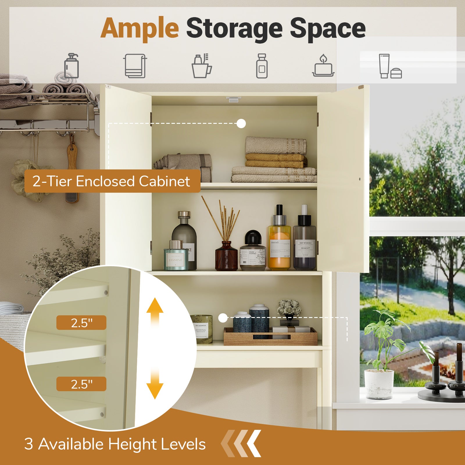 Over The Toilet Storage Cabinet with Fluted Doors, Beige Bathroom Etagere at Gallery Canada