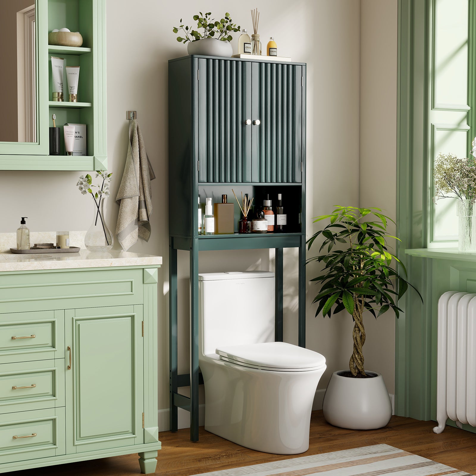 Over The Toilet Storage Cabinet with Fluted Doors, Green Bathroom Etagere at Gallery Canada