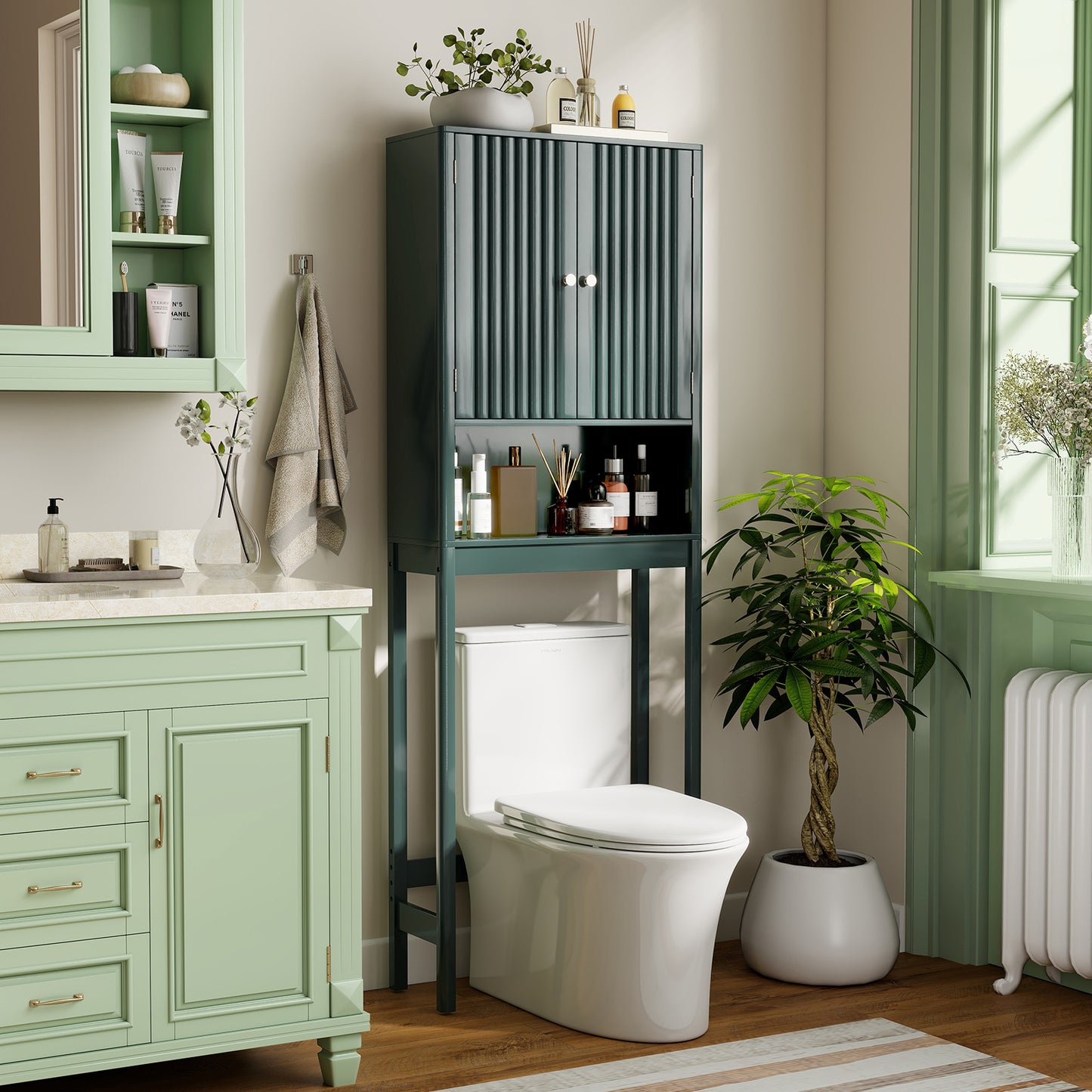 Over The Toilet Storage Cabinet with Fluted Doors, Green Bathroom Etagere at Gallery Canada