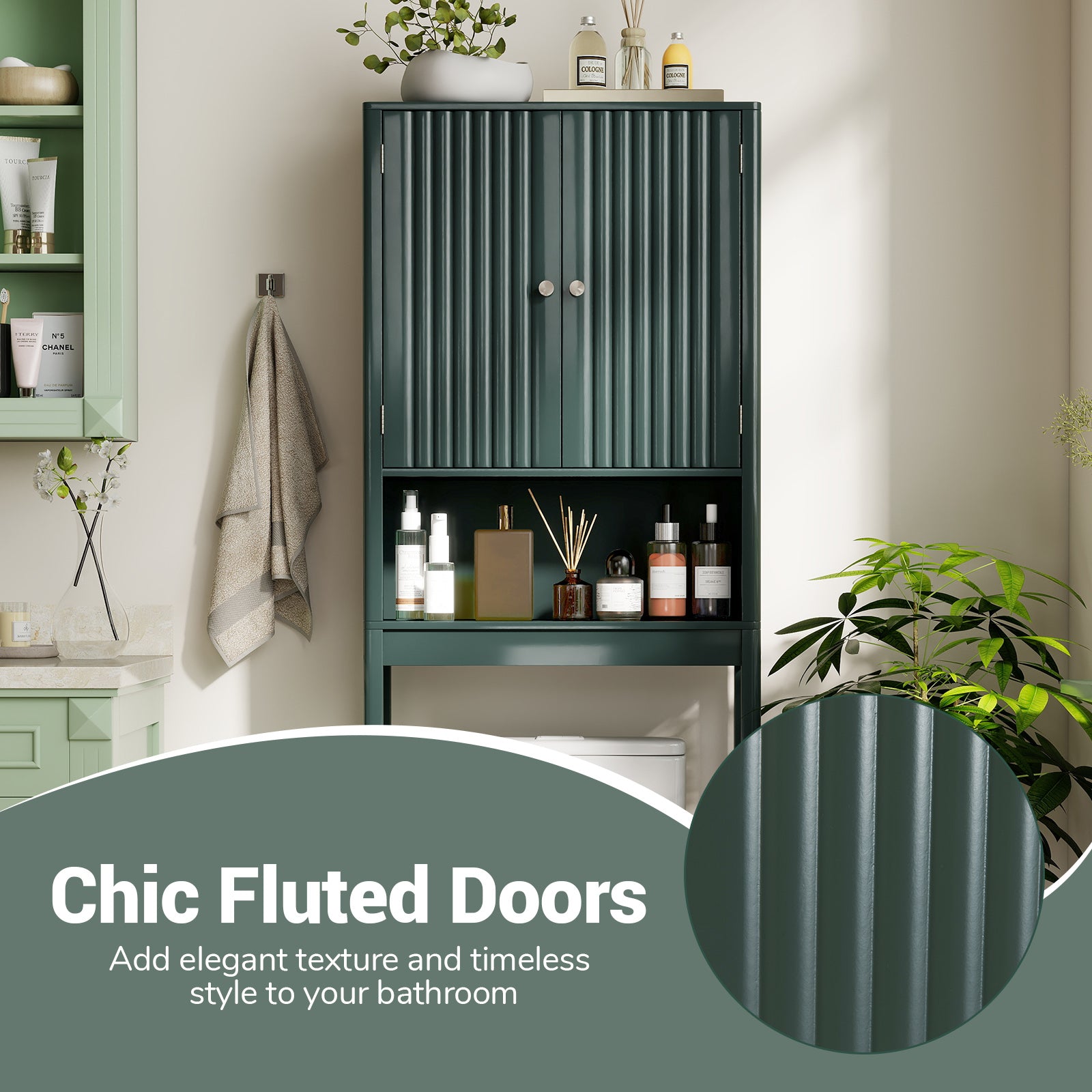 Over The Toilet Storage Cabinet with Fluted Doors, Green Bathroom Etagere at Gallery Canada