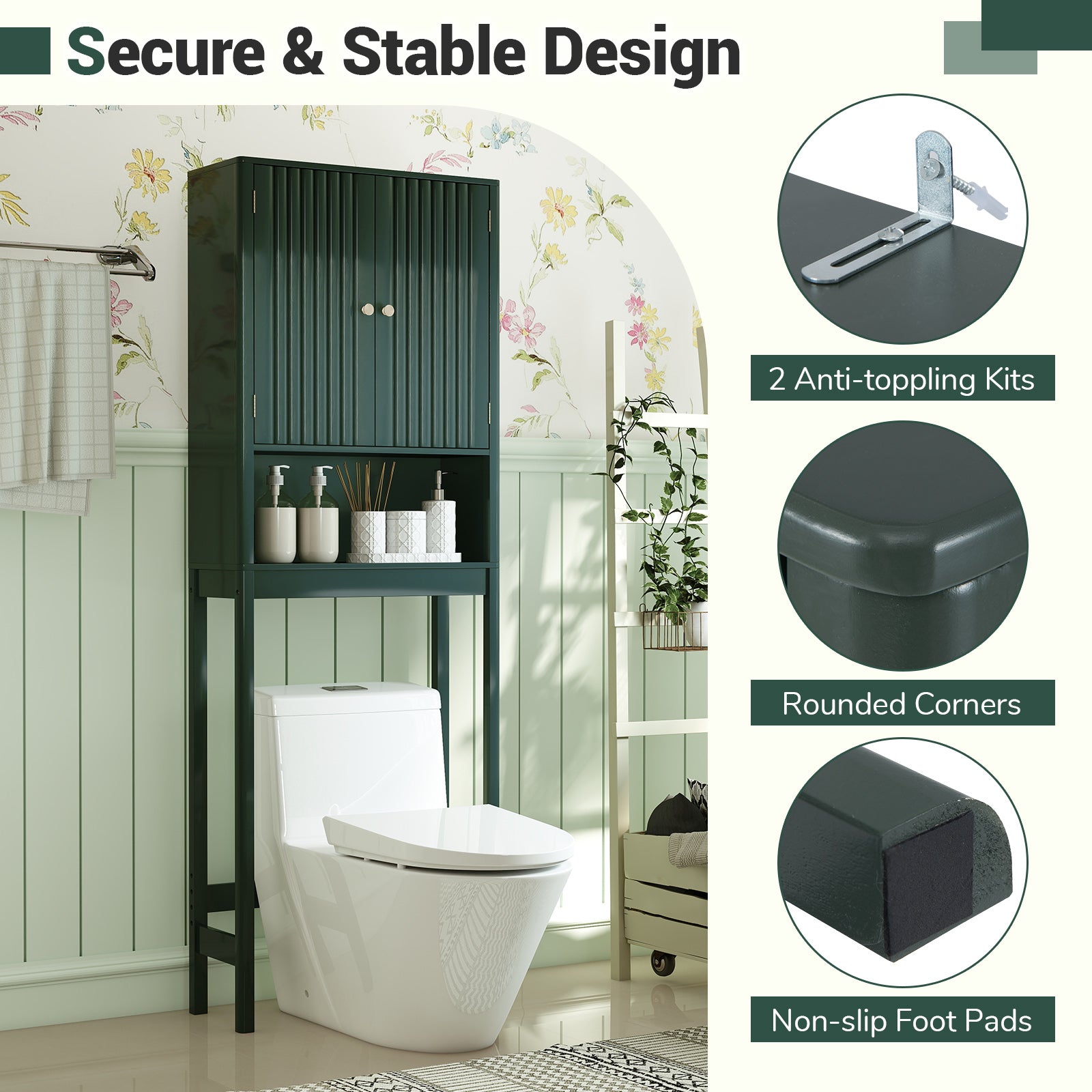 Over The Toilet Storage Cabinet with Fluted Doors, Green Bathroom Etagere at Gallery Canada