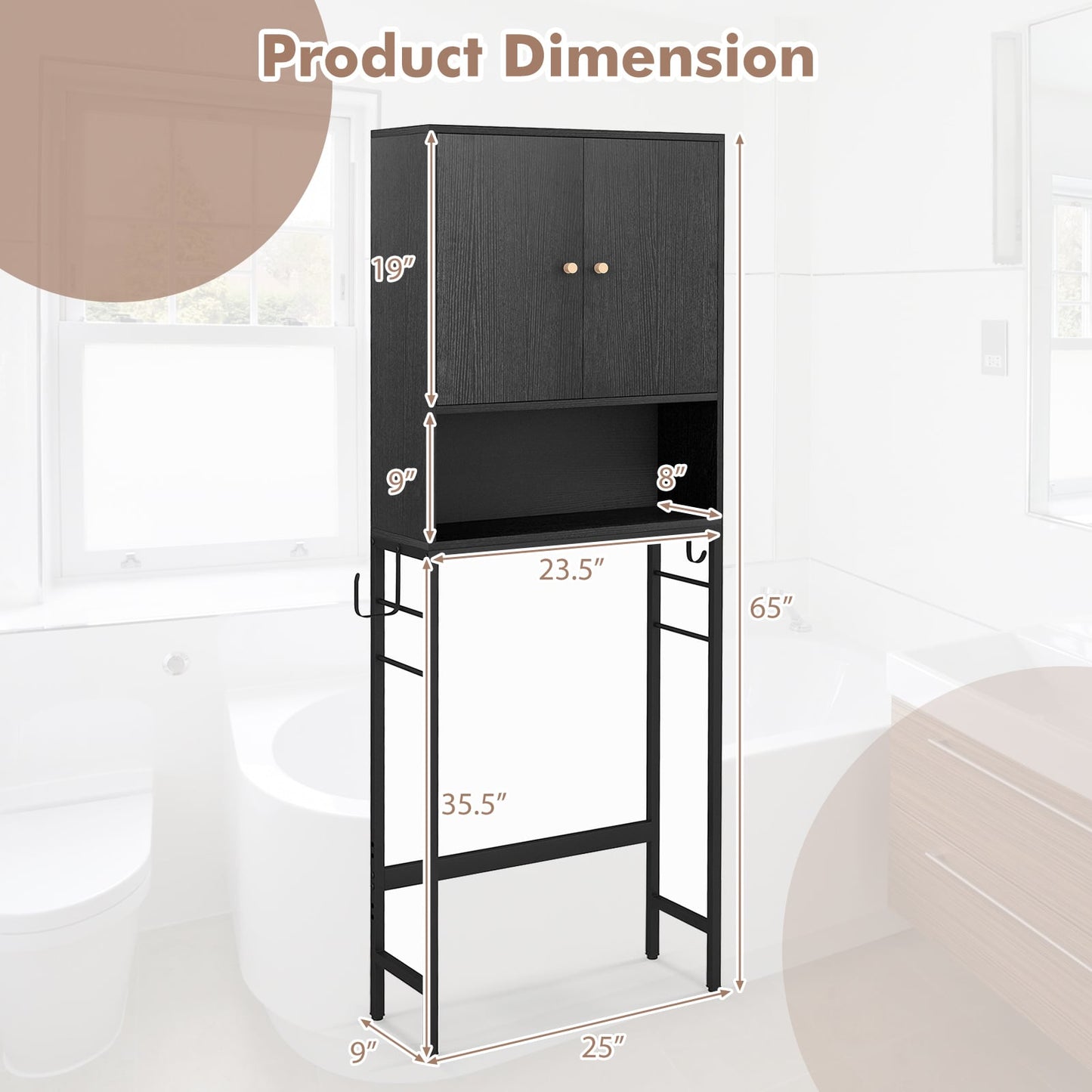 Armoire de rangement au-dessus des toilettes, 2 portes, étagère réglable, noir