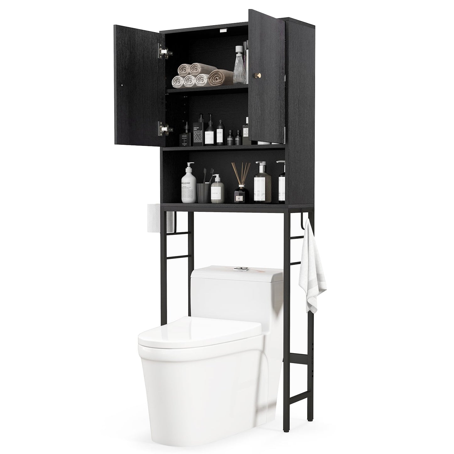 Armoire de rangement au-dessus des toilettes, 2 portes, étagère réglable, noir