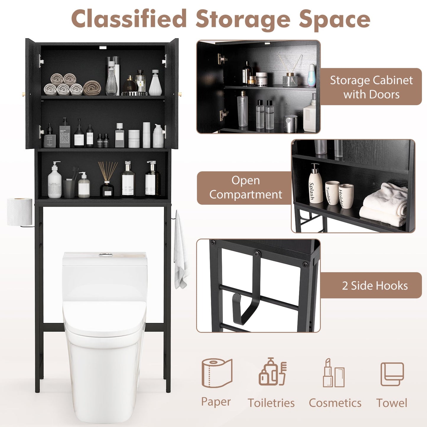 Armoire de rangement au-dessus des toilettes, 2 portes, étagère réglable, noir