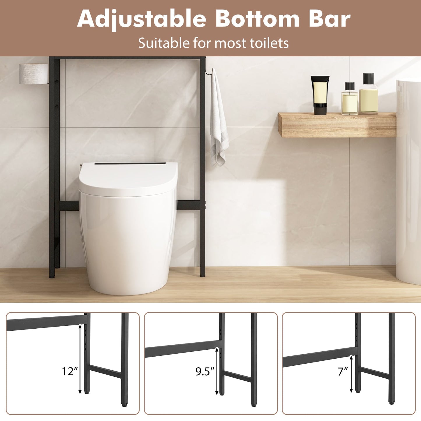 Armoire de rangement au-dessus des toilettes, 2 portes, étagère réglable, noir