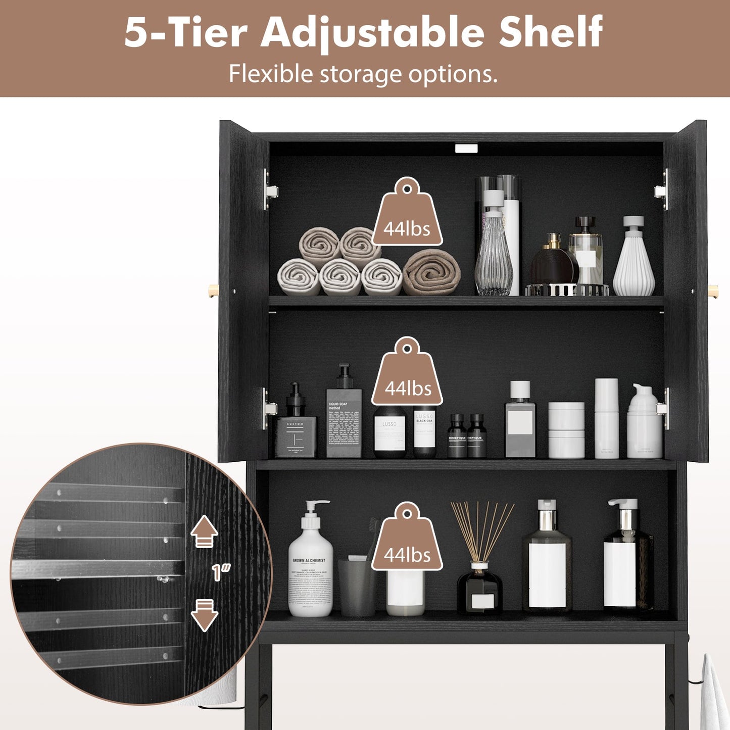Armoire de rangement au-dessus des toilettes, 2 portes, étagère réglable, noir