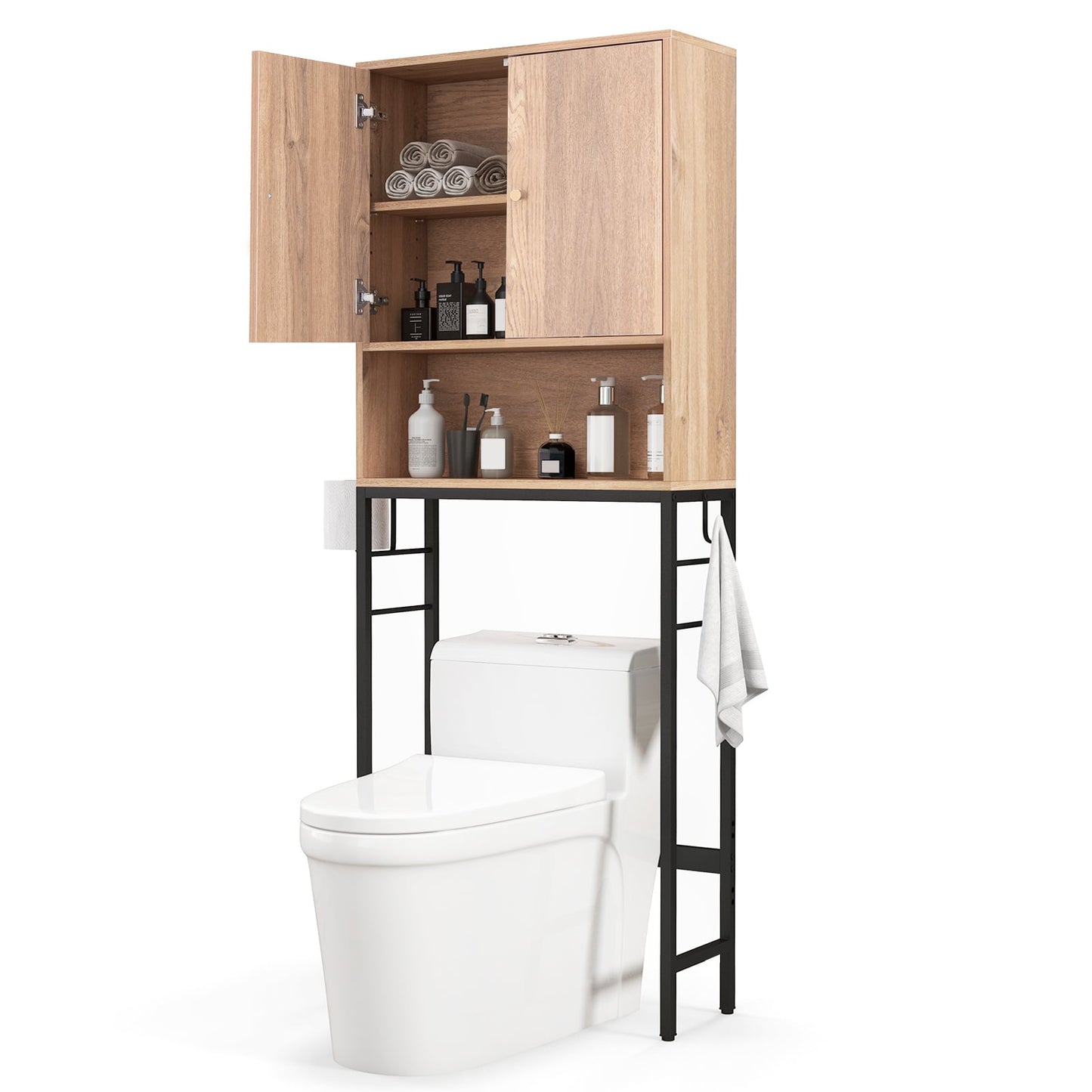 Armoire de rangement au-dessus des toilettes, 2 portes, étagère réglable, naturel