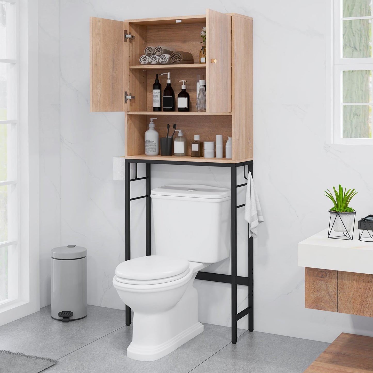 Armoire de rangement au-dessus des toilettes, 2 portes, étagère réglable, naturel
