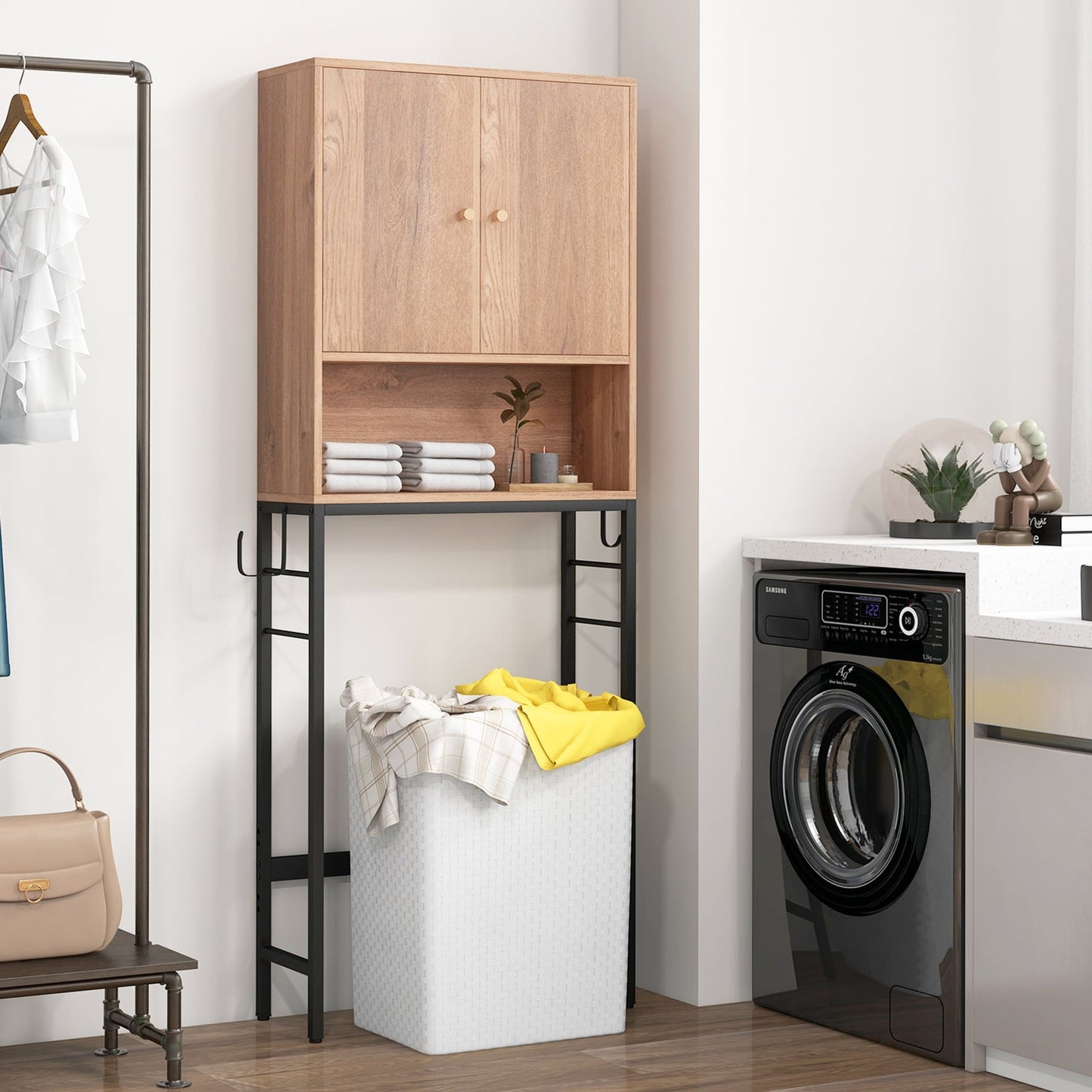 Armoire de rangement au-dessus des toilettes, 2 portes, étagère réglable, naturel