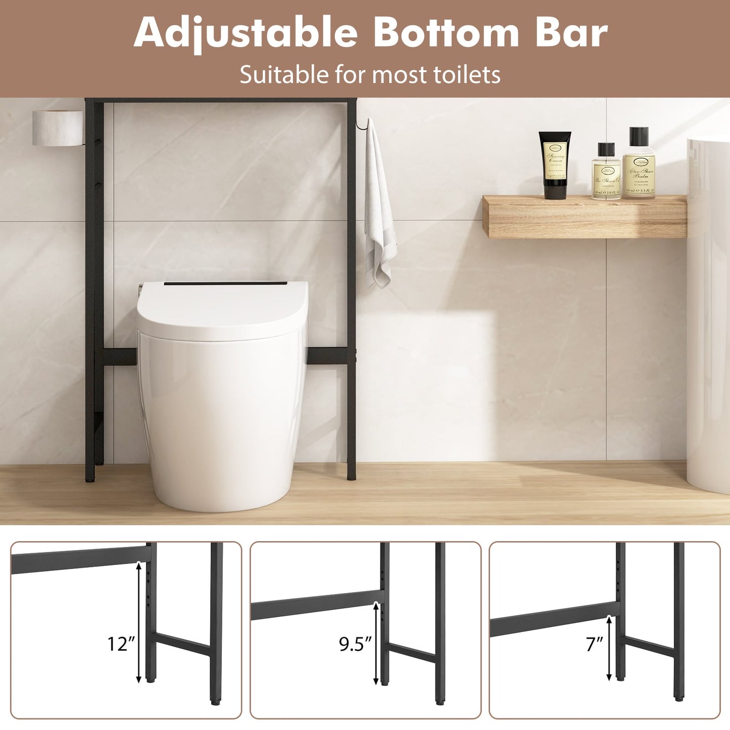 Armoire de rangement au-dessus des toilettes, 2 portes, étagère réglable, naturel