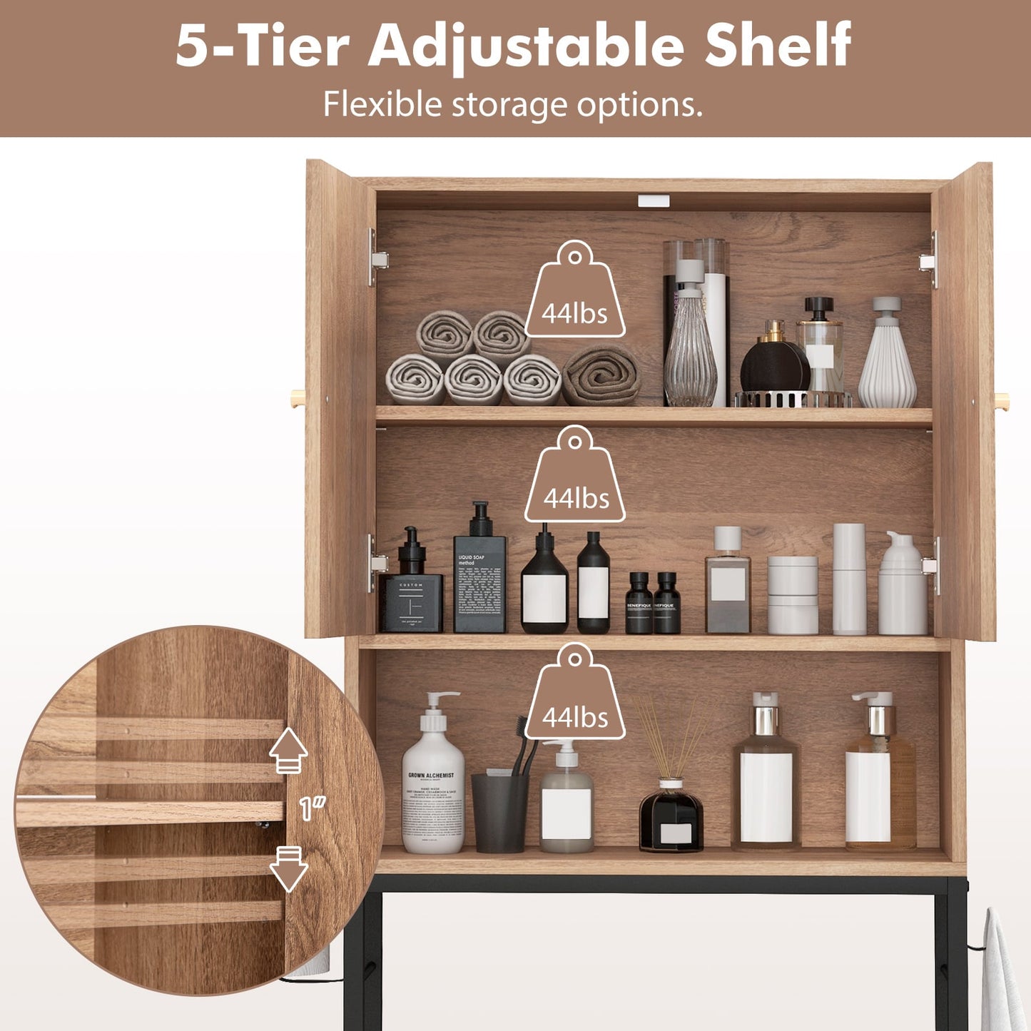 Armoire de rangement au-dessus des toilettes, 2 portes, étagère réglable, naturel