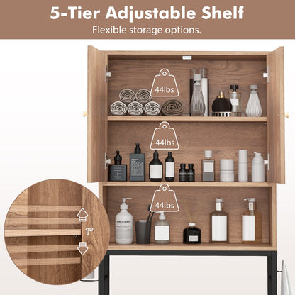 Armoire de rangement au-dessus des toilettes, 2 portes, étagère réglable, naturel