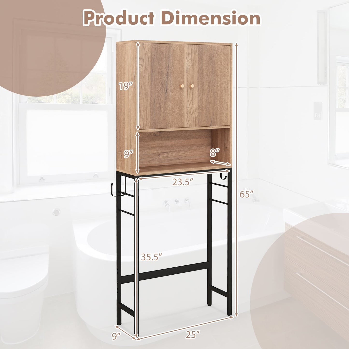 Armoire de rangement au-dessus des toilettes, 2 portes, étagère réglable, naturel