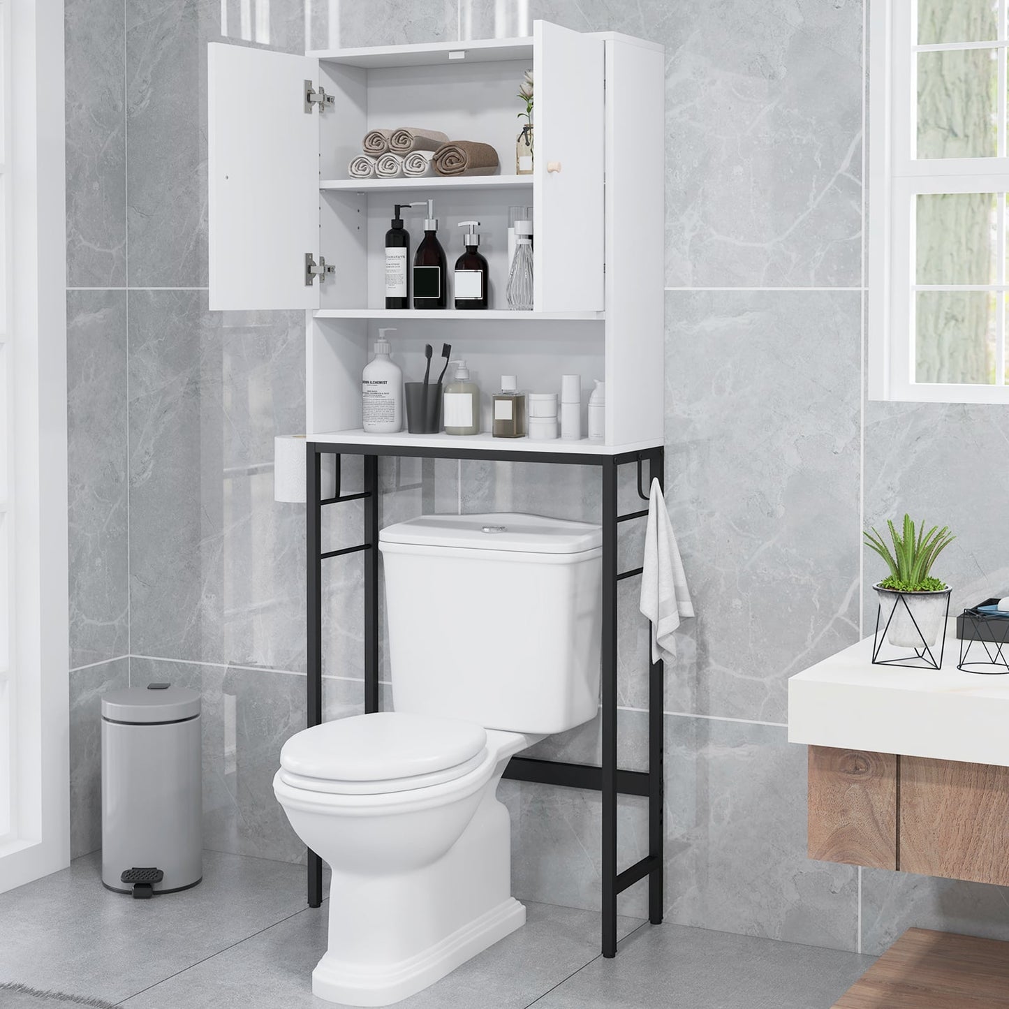 Armoire de rangement au-dessus des toilettes, 2 portes, étagère réglable, blanc