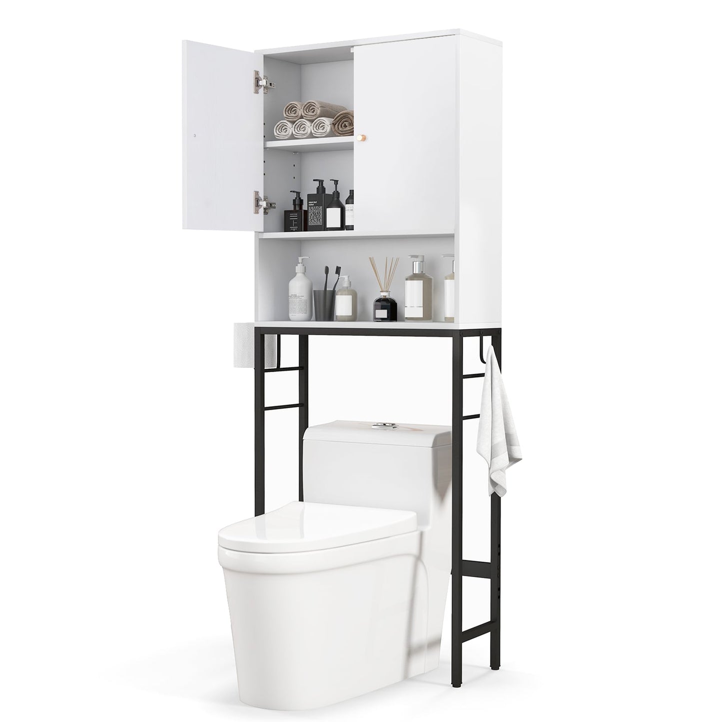 Armoire de rangement au-dessus des toilettes, 2 portes, étagère réglable, blanc