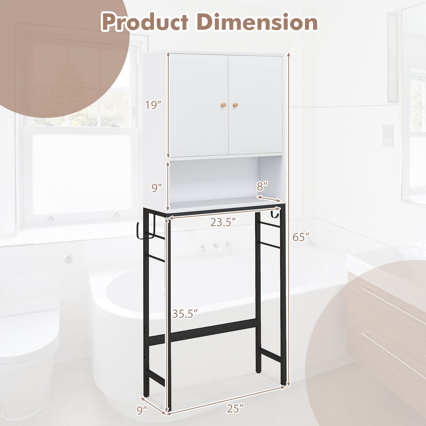 Armoire de rangement au-dessus des toilettes, 2 portes, étagère réglable, blanc
