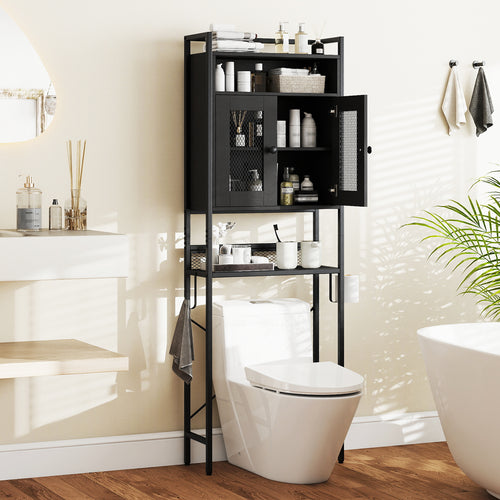 Over-The-Toilet Storage Cabinet with Heavy-Duty Metal Frame 2-door Freestanding, Black
